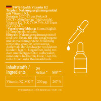 BWG HEALTH Vitamin K2 Tropfen MK-7-200µg - 50ml - Höchstmöglicher All-Trans Gehalt von 99,7% - Premium Qualität - Made in Germany
